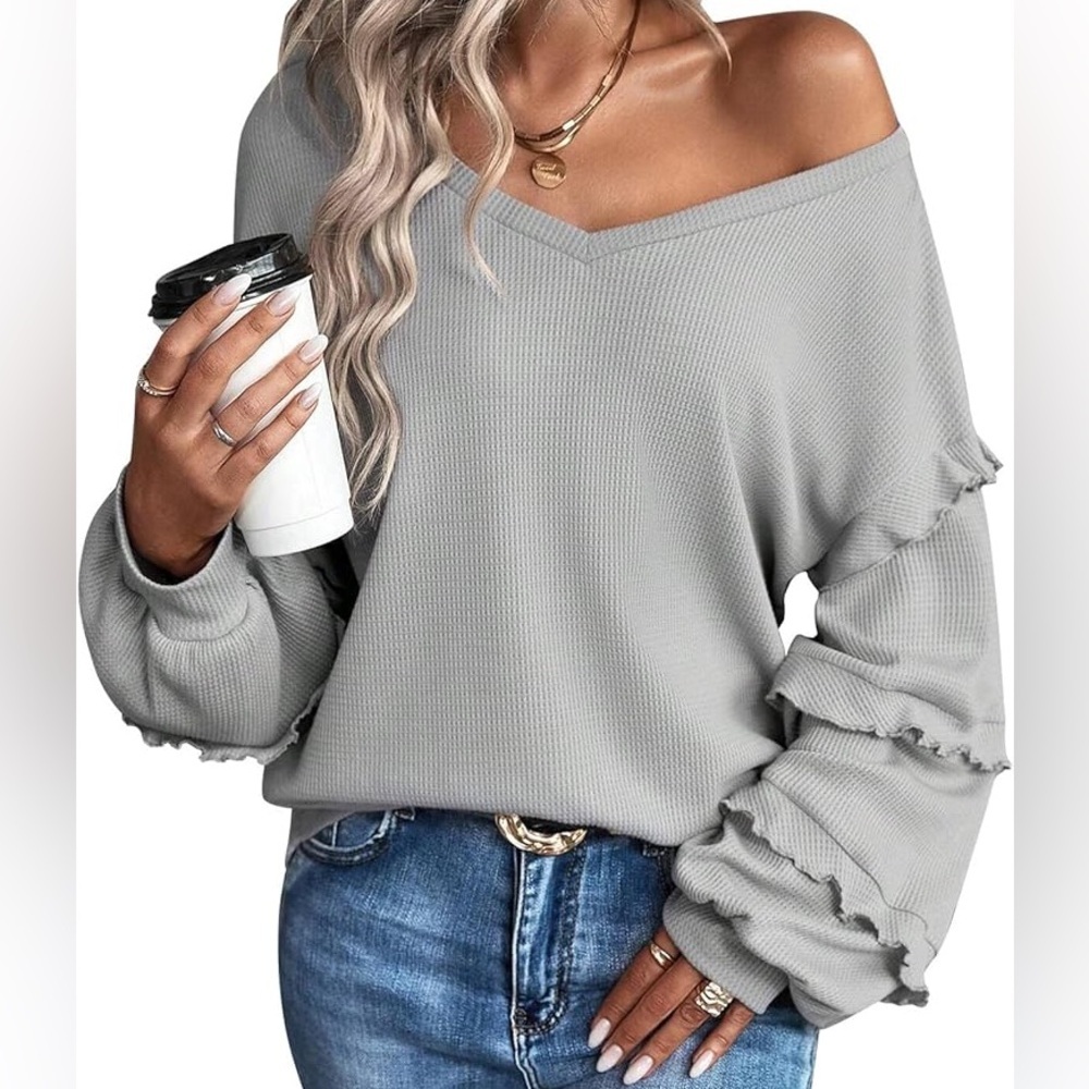 Waffle Knit Boho Top With Ruffle Sleeve Women’s Medium NEW